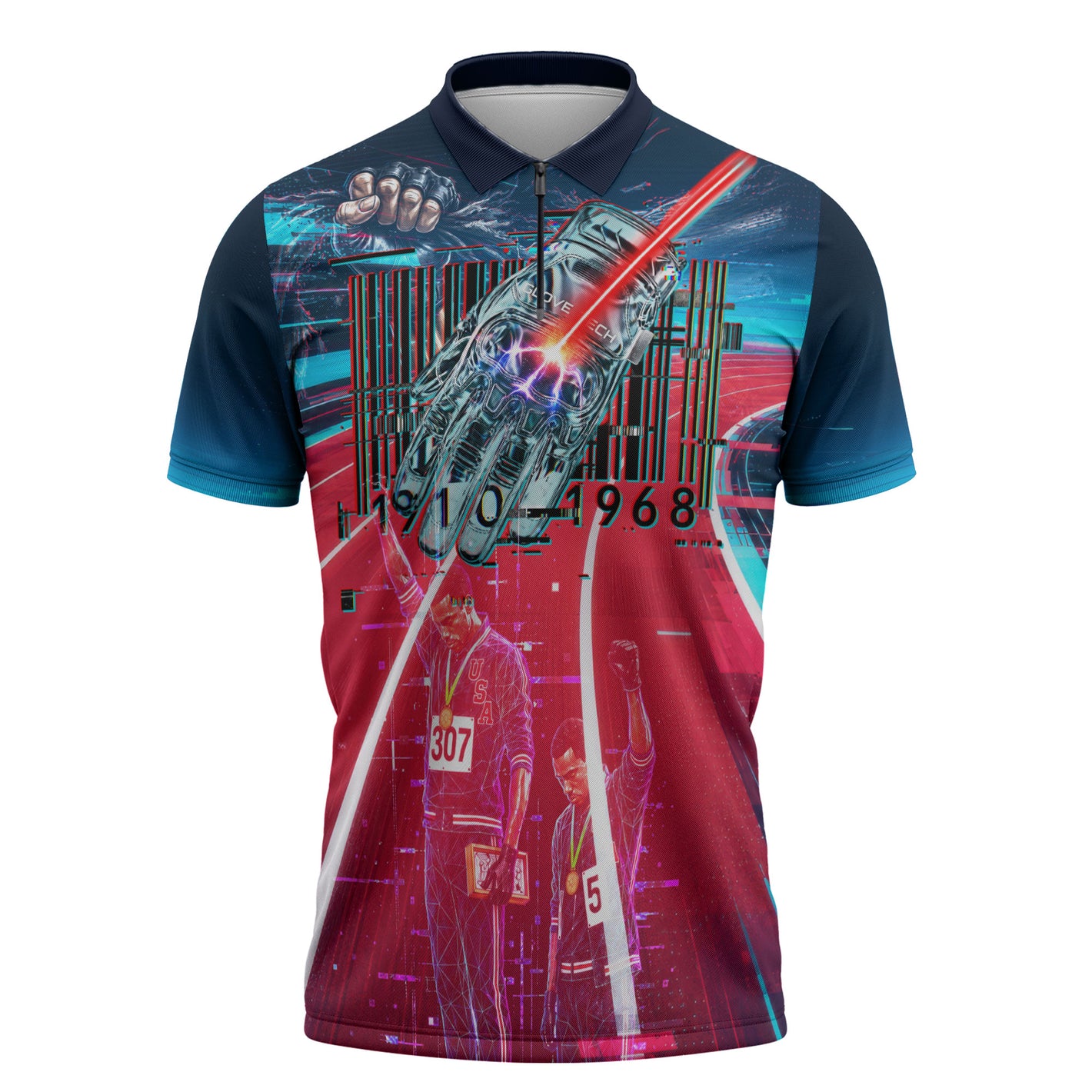 African American 1968 Black Power Salute Zipper Polo Shirt Retro Cyberpunk Sci-Fi Tech Civil Rights Art