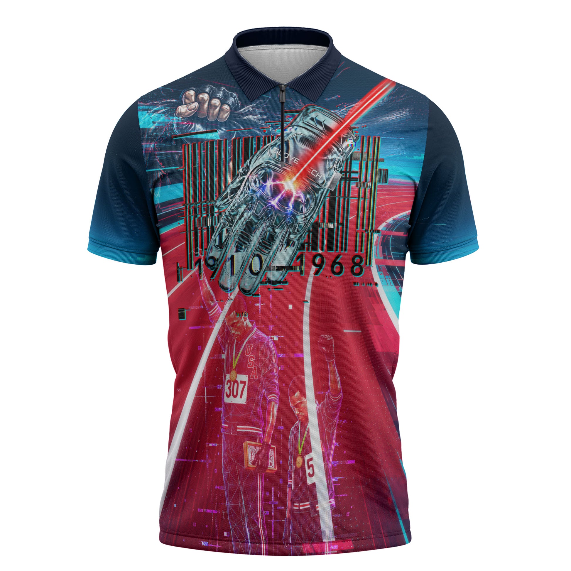 African American 1968 Black Power Salute Zipper Polo Shirt Retro Cyberpunk Sci-Fi Tech Civil Rights Art
