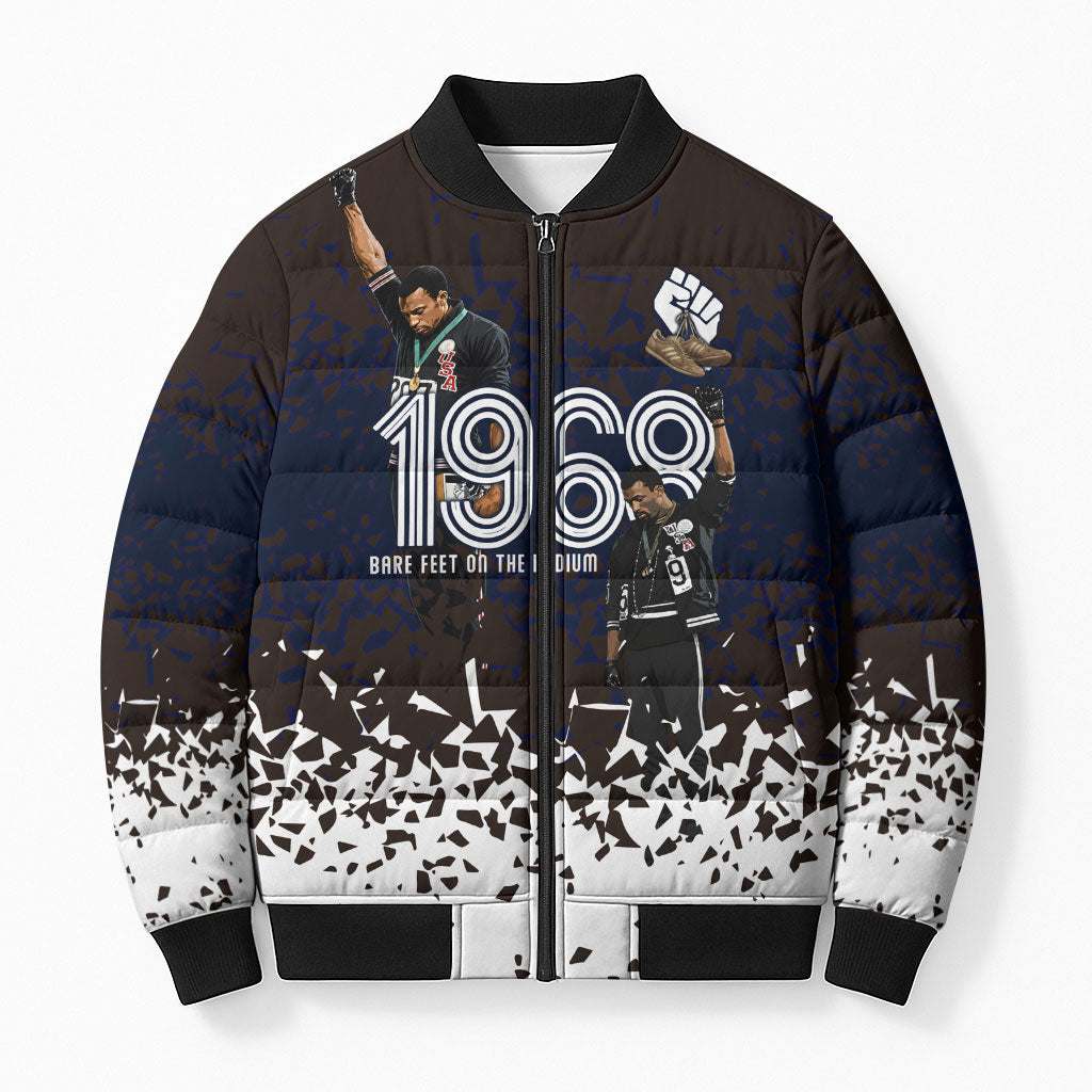 Black Power Salute African Human Rights Bomber Puffer Jacket Civil Rights Movement OPHR Mexico City 1968 Retro