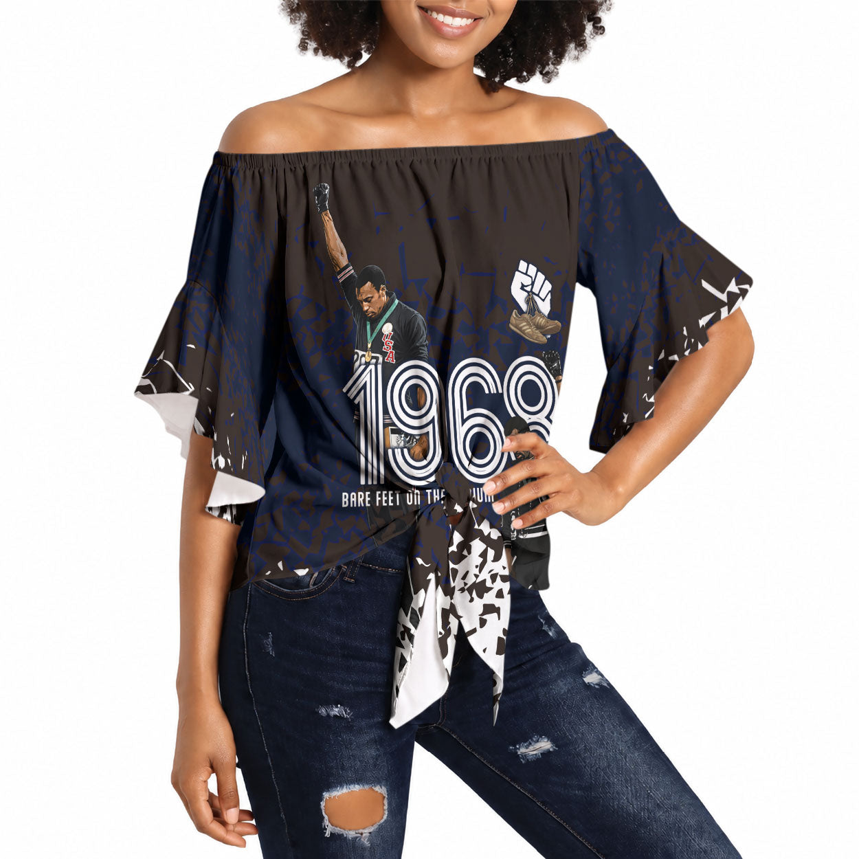 Black Power Salute African Human Rights Off Shoulder Wrap Waist Top Civil Rights Movement OPHR Mexico City 1968 Retro