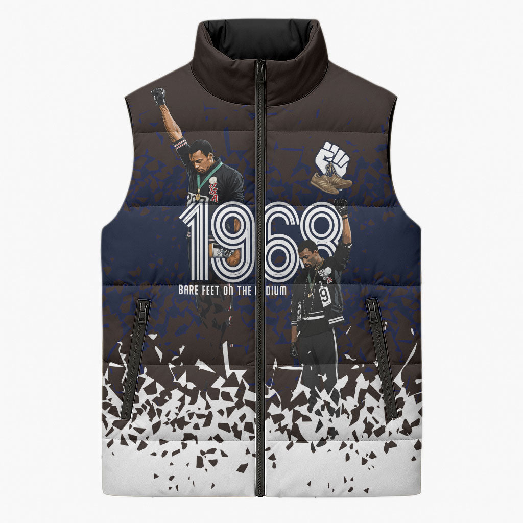 Black Power Salute African Human Rights Sleeveless Puffer Jacket Civil Rights Movement OPHR Mexico City 1968 Retro