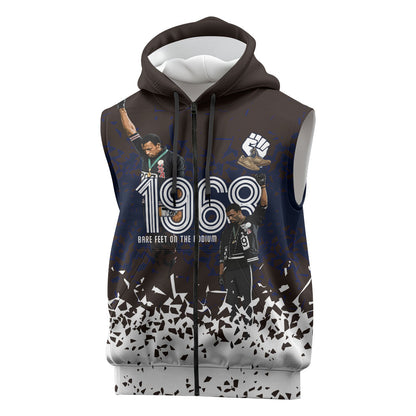 Black Power Salute African Human Rights Sleeveless Zip Hoodie Civil Rights Movement OPHR Mexico City 1968 Retro
