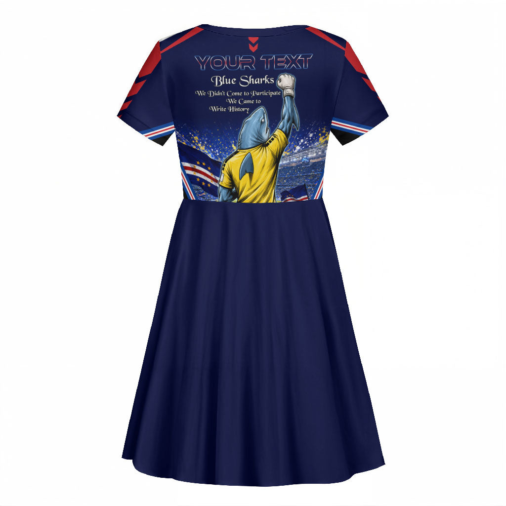 Personalized Cape Verde Blue Sharks Kid Short Sleeve Dress African Pride Dynamic Stadium Soccer Graphic Art