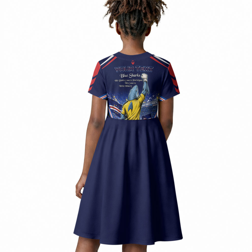 Personalized Cape Verde Blue Sharks Kid Short Sleeve Dress African Pride Dynamic Stadium Soccer Graphic Art