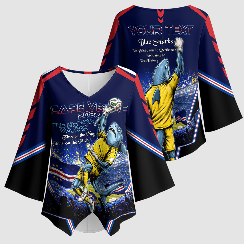 Personalized Cape Verde Blue Sharks Kimono Sleeve Blouse African Pride Dynamic Stadium Soccer Graphic Art