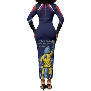 Personalized Cape Verde Blue Sharks Long Sleeve Bodycon Dress African Pride Dynamic Stadium Soccer Graphic Art
