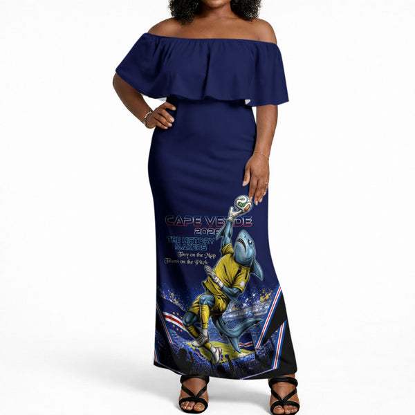 Personalized Cape Verde Blue Sharks Off Shoulder Maxi Dress African Pride Dynamic Stadium Soccer Graphic Art