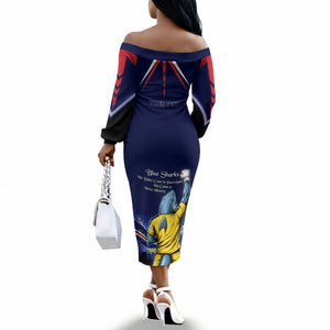 Personalized Cape Verde Blue Sharks Off The Shoulder Long Sleeve Dress African Pride Dynamic Stadium Soccer Graphic Art
