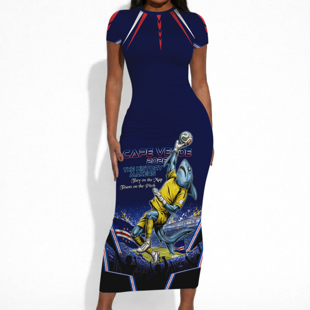 Personalized Cape Verde Blue Sharks Short Sleeve Bodycon Dress African Pride Dynamic Stadium Soccer Graphic Art