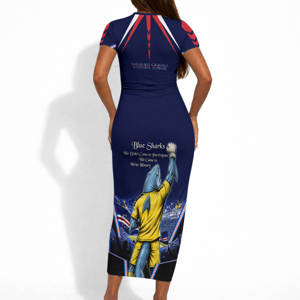 Personalized Cape Verde Blue Sharks Short Sleeve Bodycon Dress African Pride Dynamic Stadium Soccer Graphic Art
