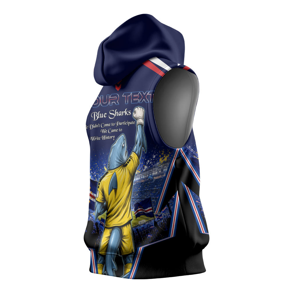 Personalized Cape Verde Blue Sharks Sleeveless Hoodie African Pride Dynamic Stadium Soccer Graphic Art