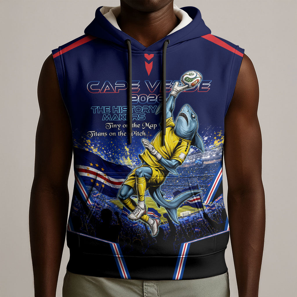 Personalized Cape Verde Blue Sharks Sleeveless Hoodie African Pride Dynamic Stadium Soccer Graphic Art