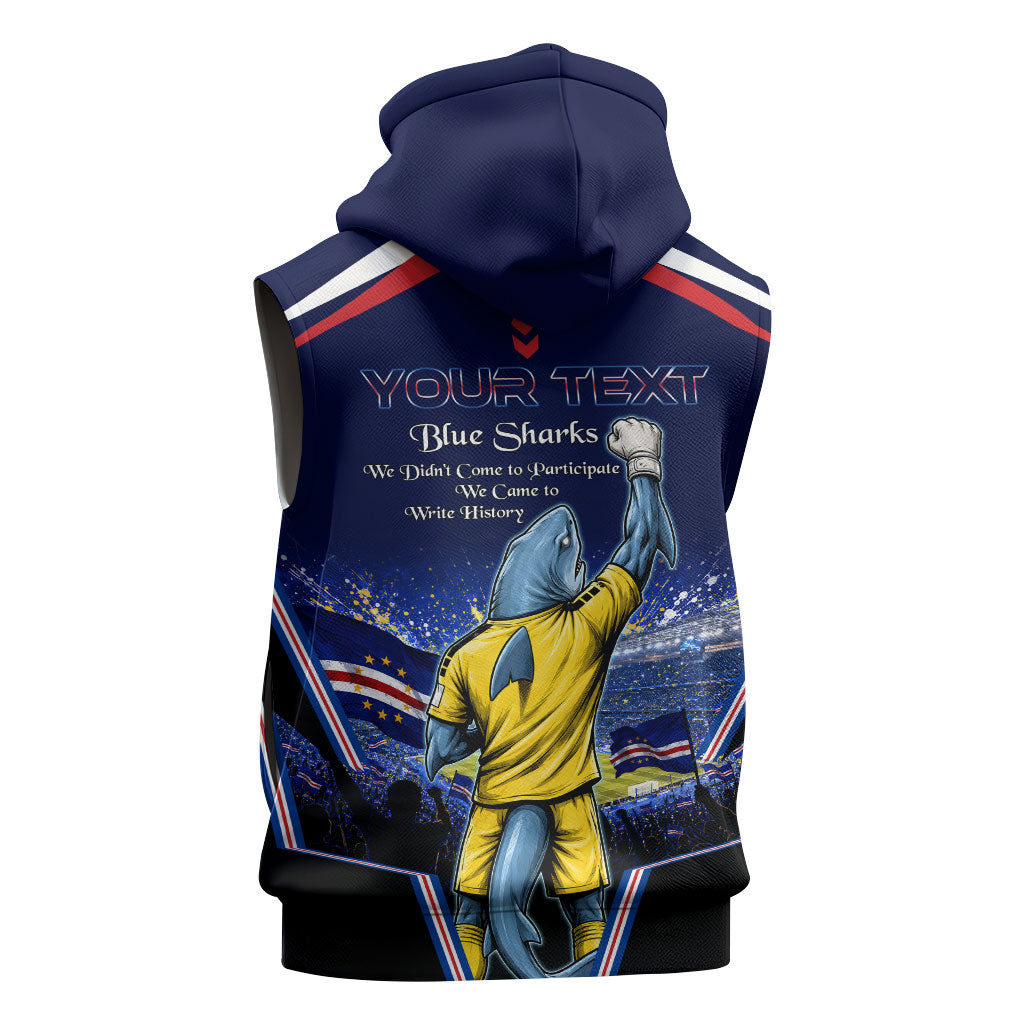 Personalized Cape Verde Blue Sharks Sleeveless Zip Hoodie African Pride Dynamic Stadium Soccer Graphic Art
