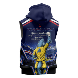 Personalized Cape Verde Blue Sharks Sleeveless Zip Hoodie African Pride Dynamic Stadium Soccer Graphic Art