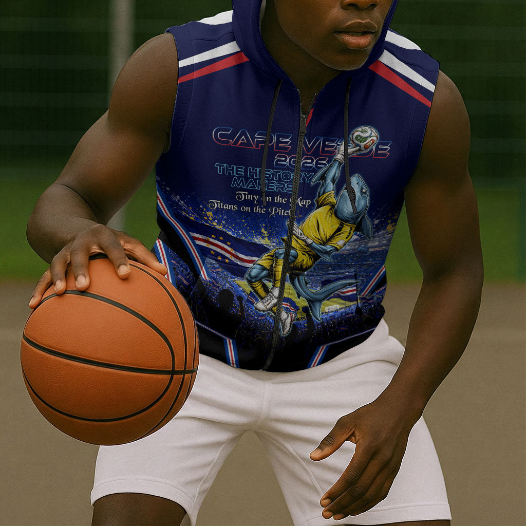 Personalized Cape Verde Blue Sharks Sleeveless Zip Hoodie African Pride Dynamic Stadium Soccer Graphic Art