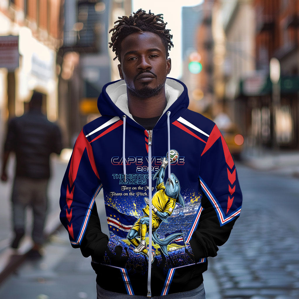 Personalized Cape Verde Blue Sharks Zip Hoodie African Pride Dynamic Stadium Soccer Graphic Art