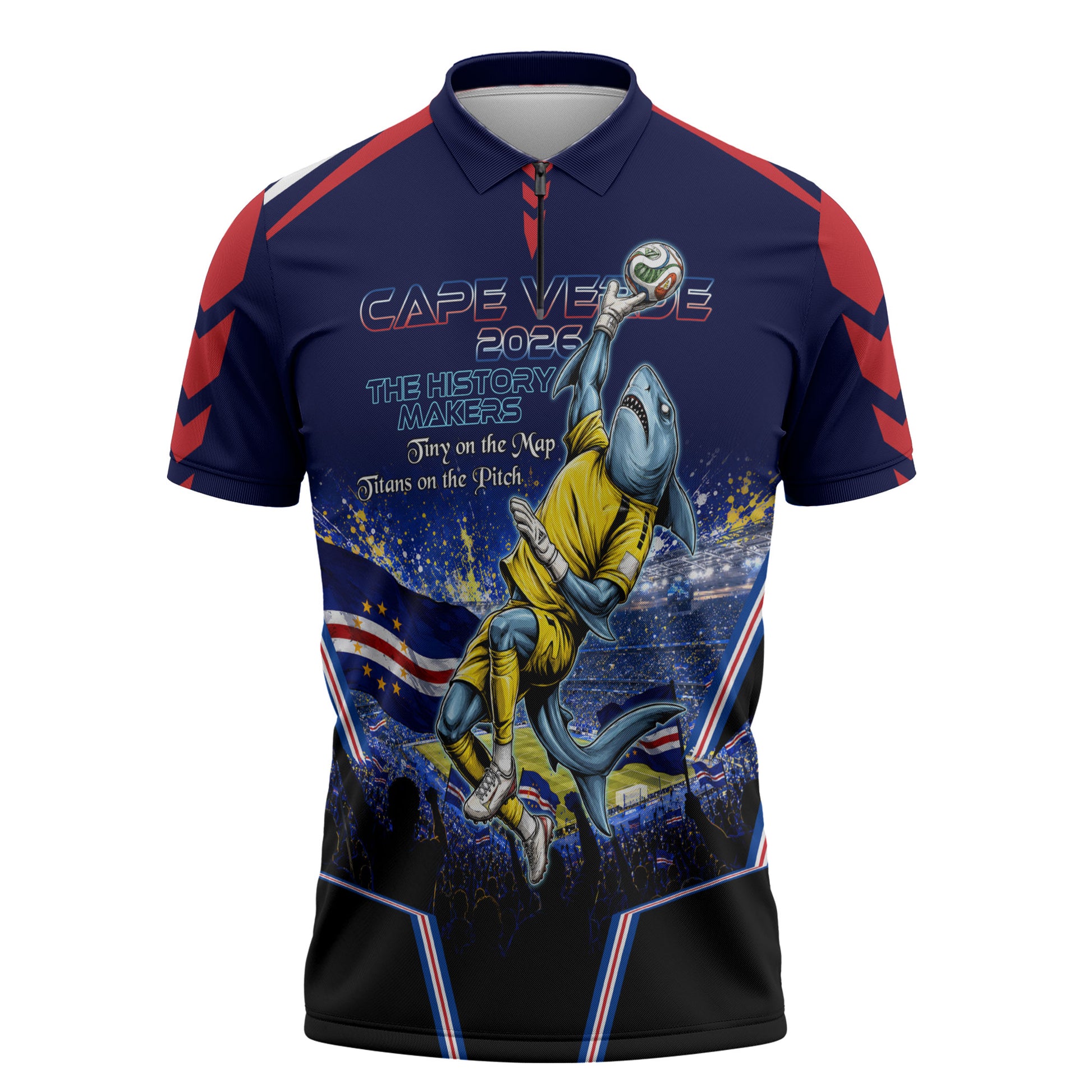 Personalized Cape Verde Blue Sharks Zipper Polo Shirt African Pride Dynamic Stadium Soccer Graphic Art