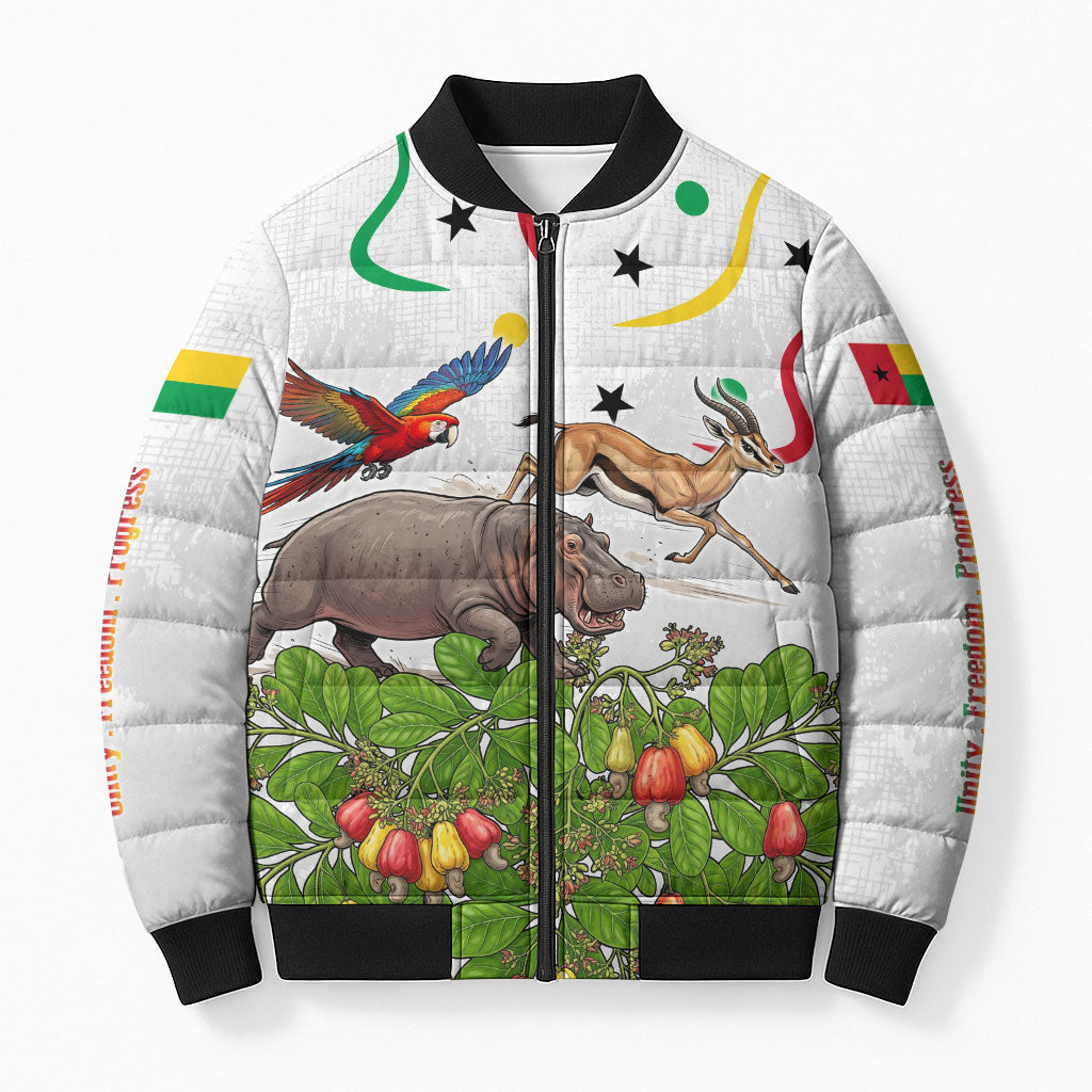 Guinea-Bissau Independence Day Bomber Puffer Jacket African Wildlife Cashew Harvest Cultural Pride