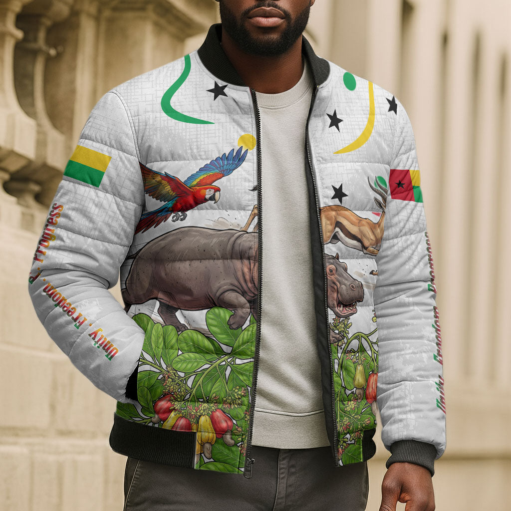 Guinea-Bissau Independence Day Bomber Puffer Jacket African Wildlife Cashew Harvest Cultural Pride