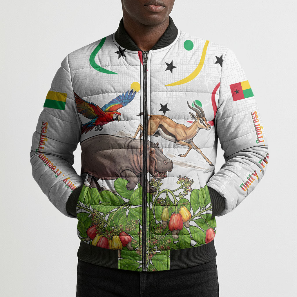 Guinea-Bissau Independence Day Bomber Puffer Jacket African Wildlife Cashew Harvest Cultural Pride