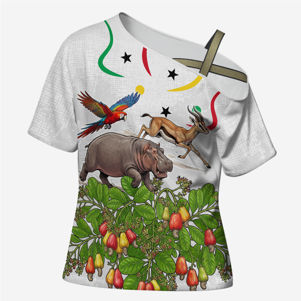 Guinea-Bissau Independence Day Cross Shoulder Shirt African Wildlife Cashew Harvest Cultural Pride