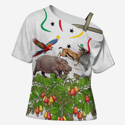 Guinea-Bissau Independence Day Cross Shoulder Shirt African Wildlife Cashew Harvest Cultural Pride
