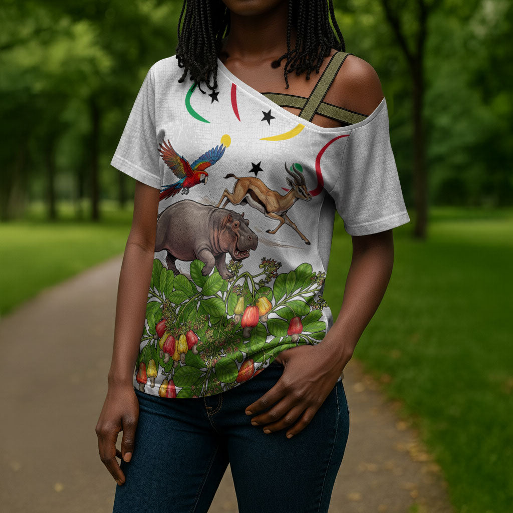 Guinea-Bissau Independence Day Cross Shoulder Shirt African Wildlife Cashew Harvest Cultural Pride