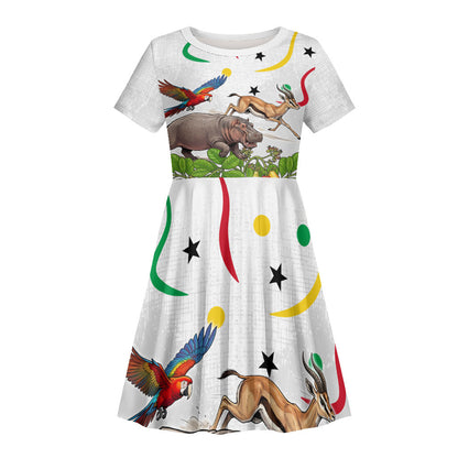Guinea-Bissau Independence Day Kid Short Sleeve Dress African Wildlife Cashew Harvest Cultural Pride