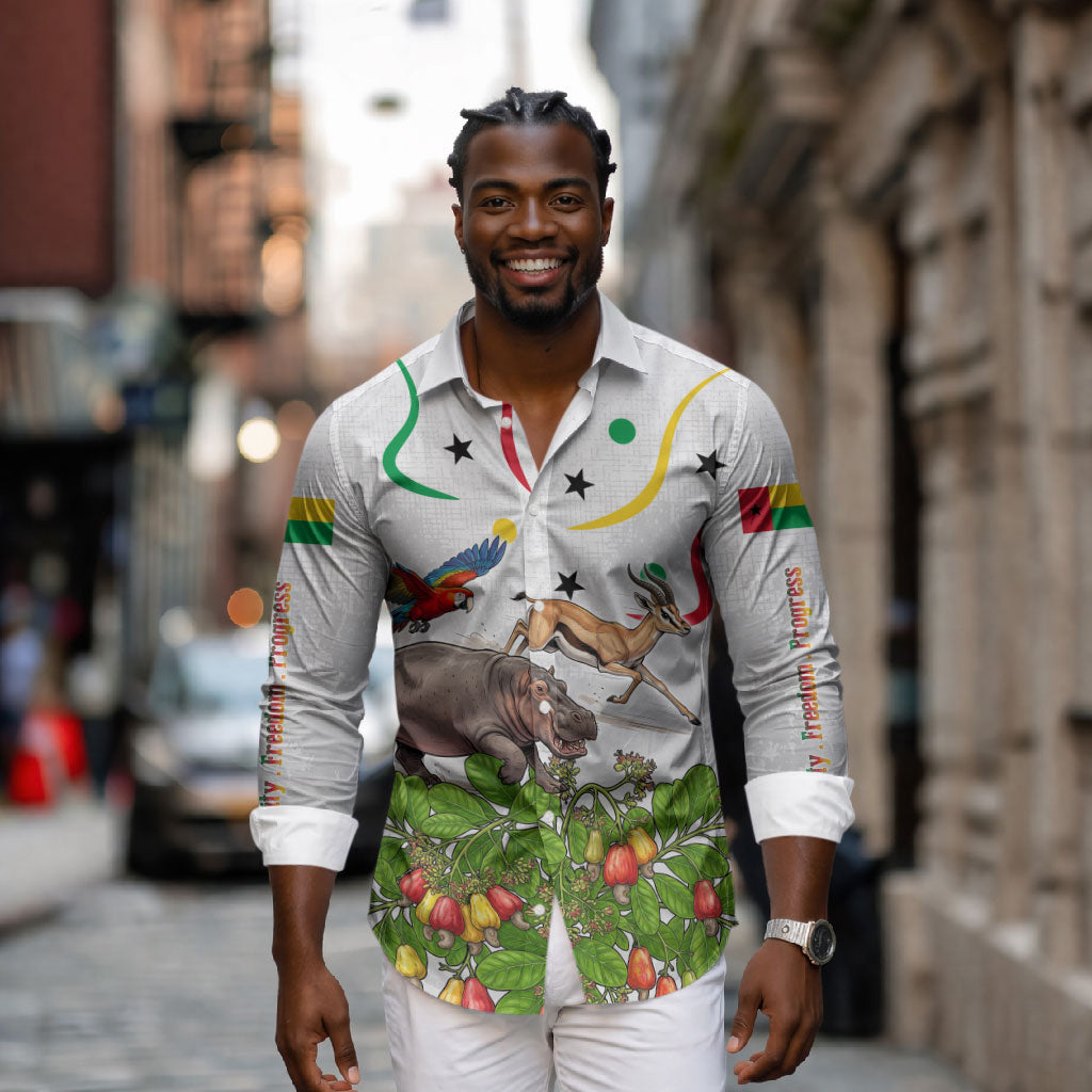 Guinea-Bissau Independence Day Long Sleeve Button Shirt African Wildlife Cashew Harvest Cultural Pride