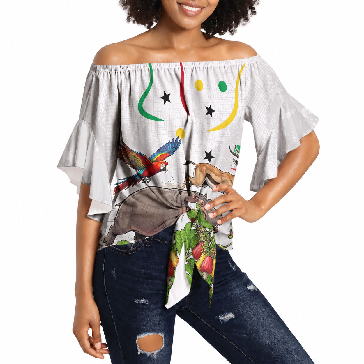 Guinea-Bissau Independence Day Off Shoulder Wrap Waist Top African Wildlife Cashew Harvest Cultural Pride