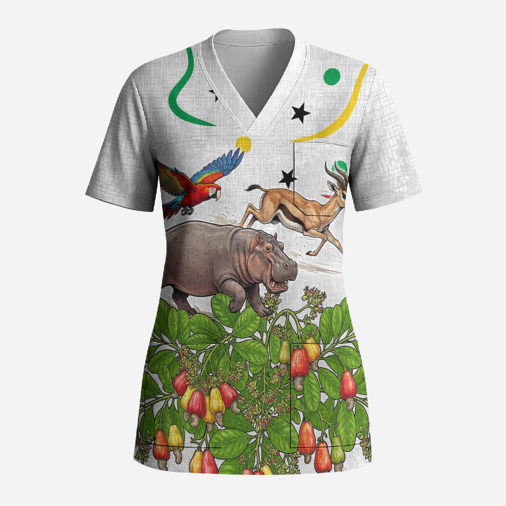 Guinea-Bissau Independence Day Scrub Top African Wildlife Cashew Harvest Cultural Pride