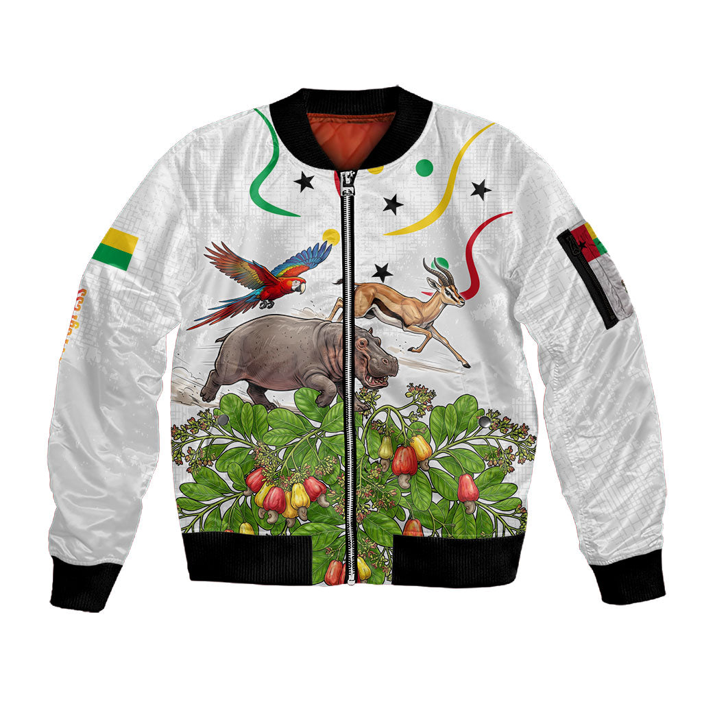 Guinea-Bissau Independence Day Sleeve Zip Bomber Jacket African Wildlife Cashew Harvest Cultural Pride