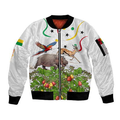 Guinea-Bissau Independence Day Sleeve Zip Bomber Jacket African Wildlife Cashew Harvest Cultural Pride