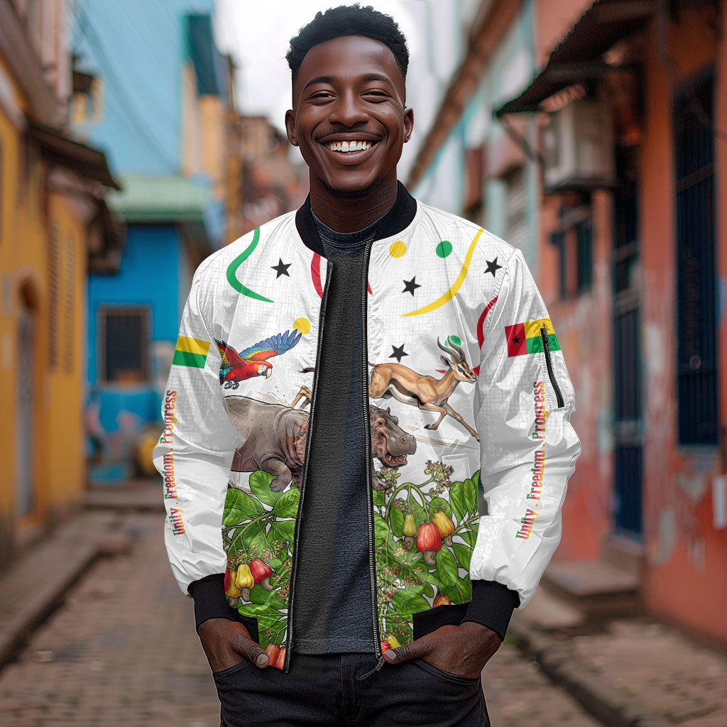 Guinea-Bissau Independence Day Sleeve Zip Bomber Jacket African Wildlife Cashew Harvest Cultural Pride