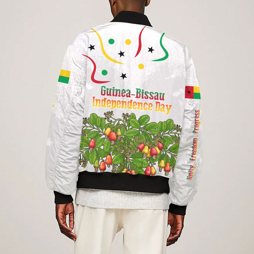 Guinea-Bissau Independence Day Sleeve Zip Bomber Jacket African Wildlife Cashew Harvest Cultural Pride