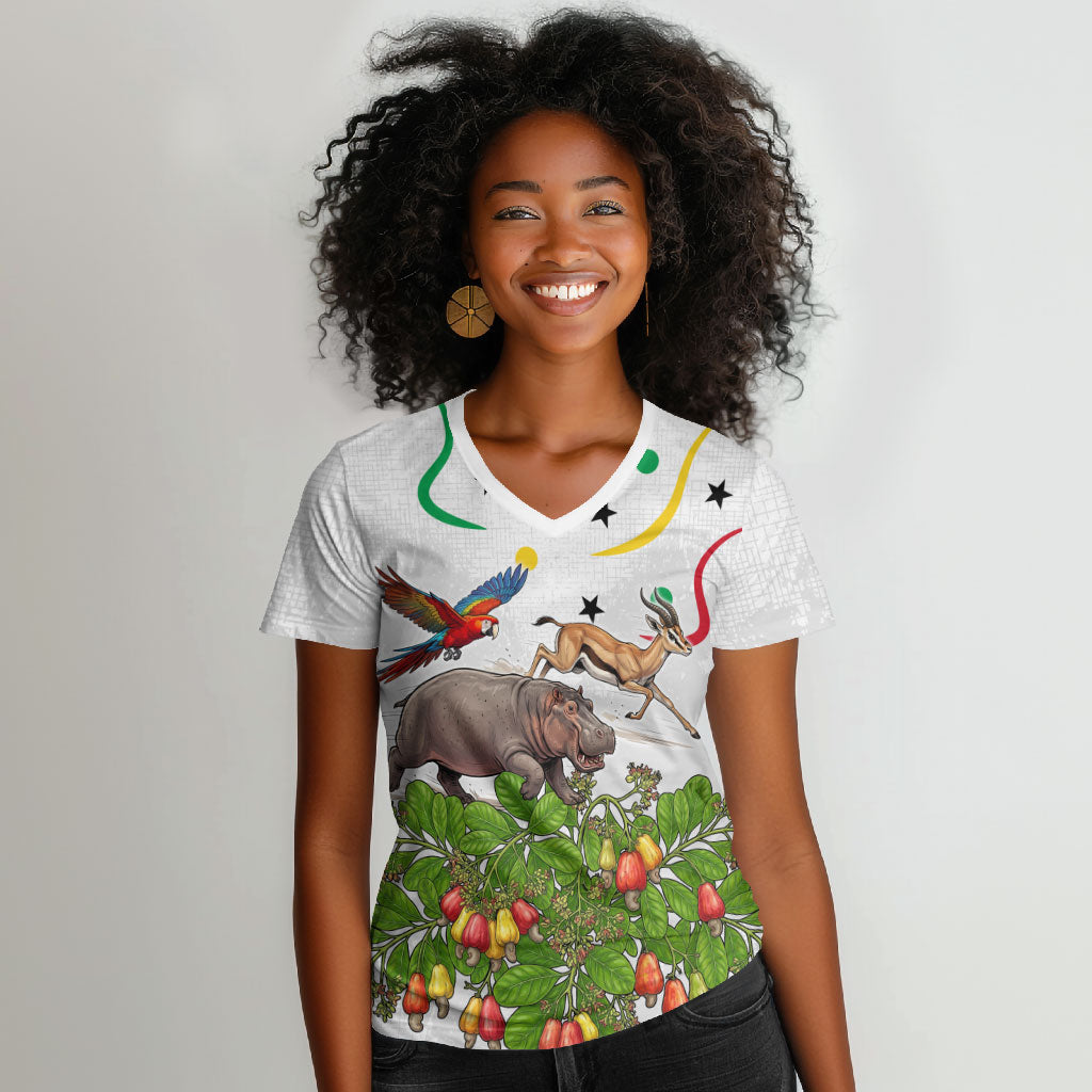 Guinea-Bissau Independence Day Women V-Neck T-Shirt African Wildlife Cashew Harvest Cultural Pride