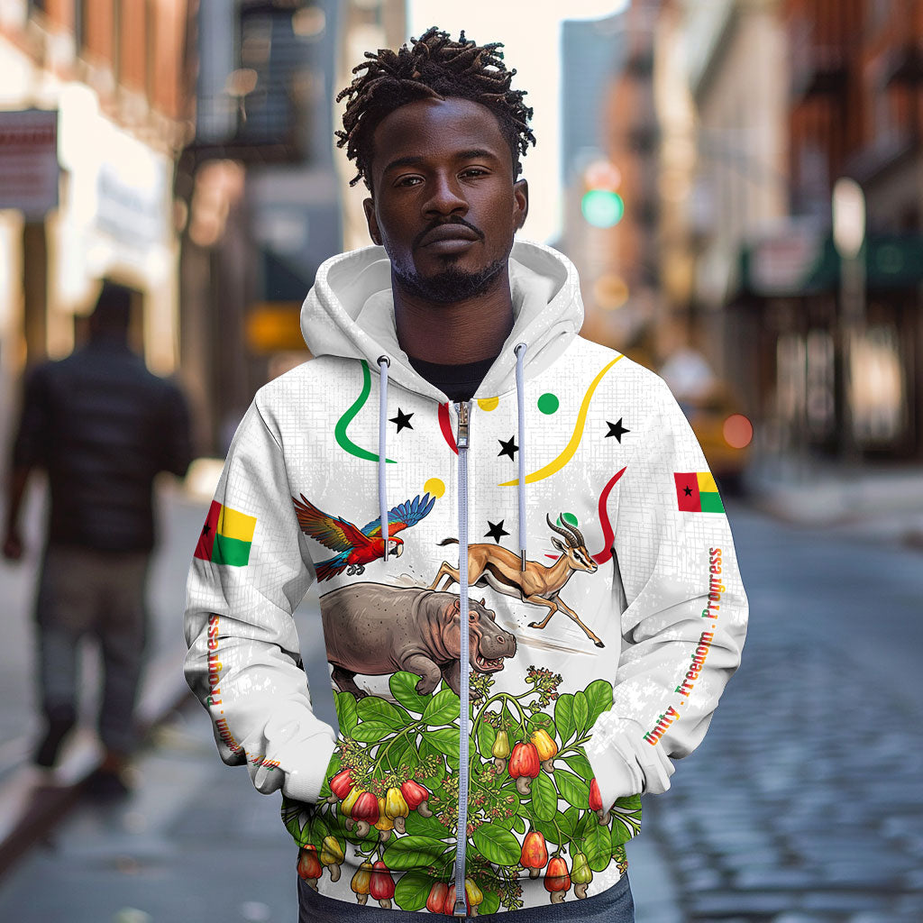 Guinea-Bissau Independence Day Zip Hoodie African Wildlife Cashew Harvest Cultural Pride