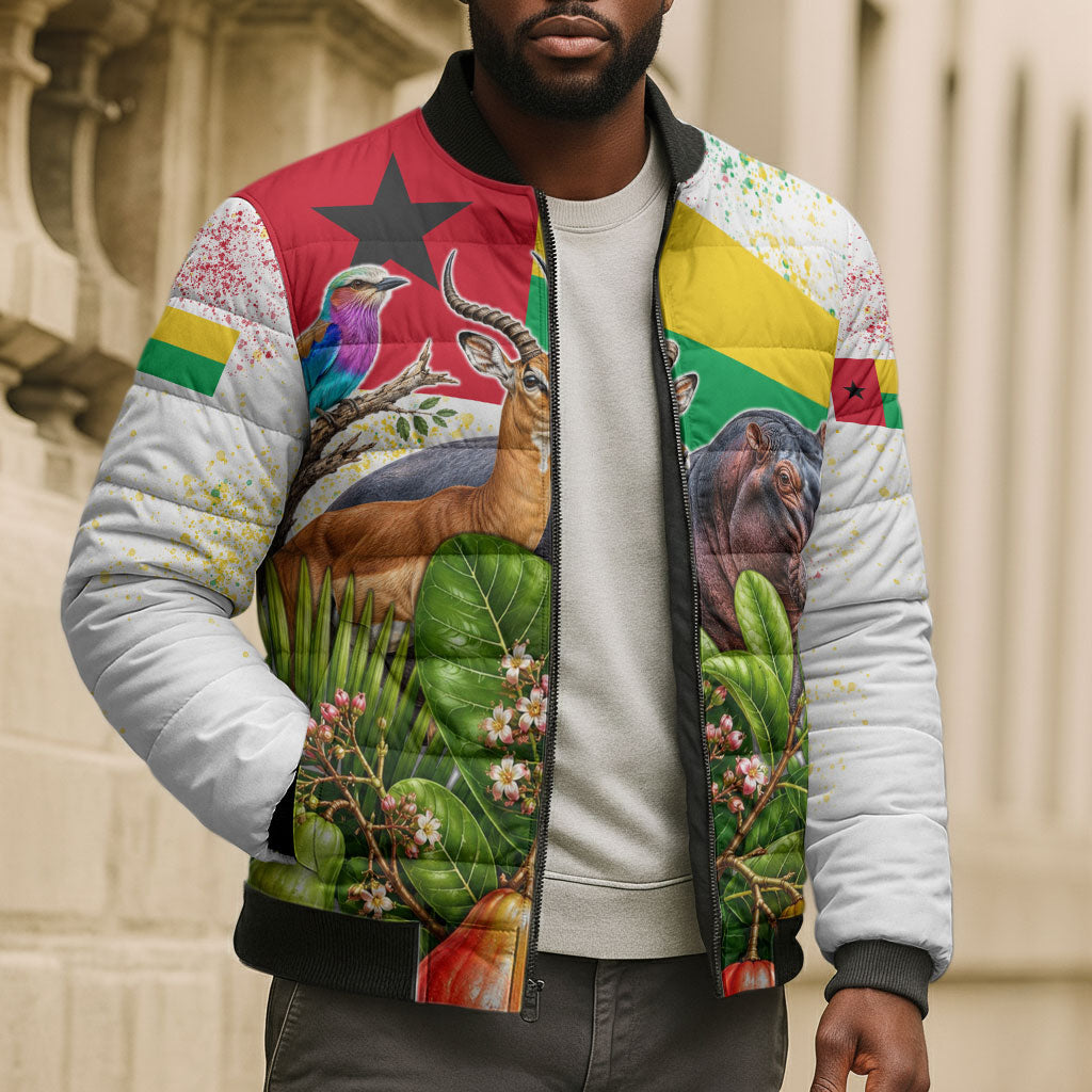 Guinea-Bissau Independence Day Bomber Puffer Jacket African Wildlife Cashew Harvest National Flag