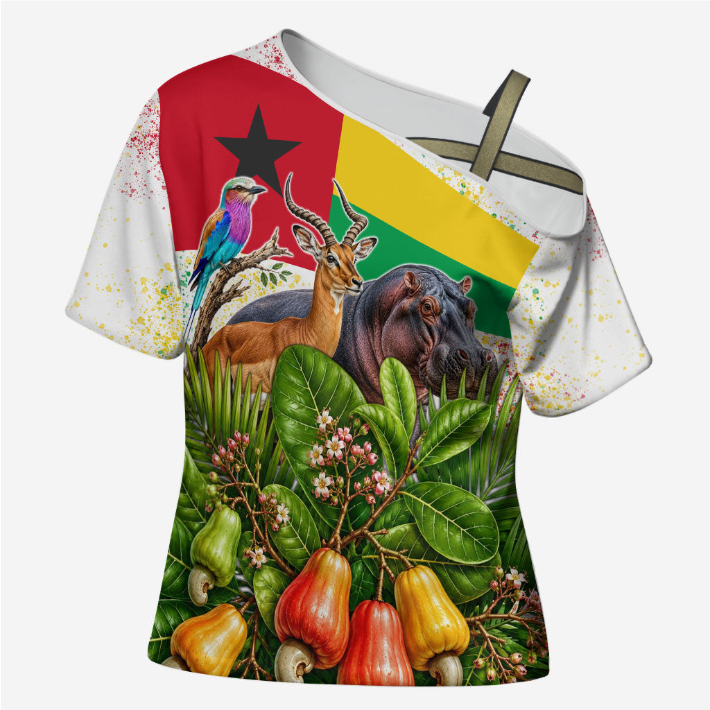 Guinea-Bissau Independence Day Cross Shoulder Shirt African Wildlife Cashew Harvest National Flag