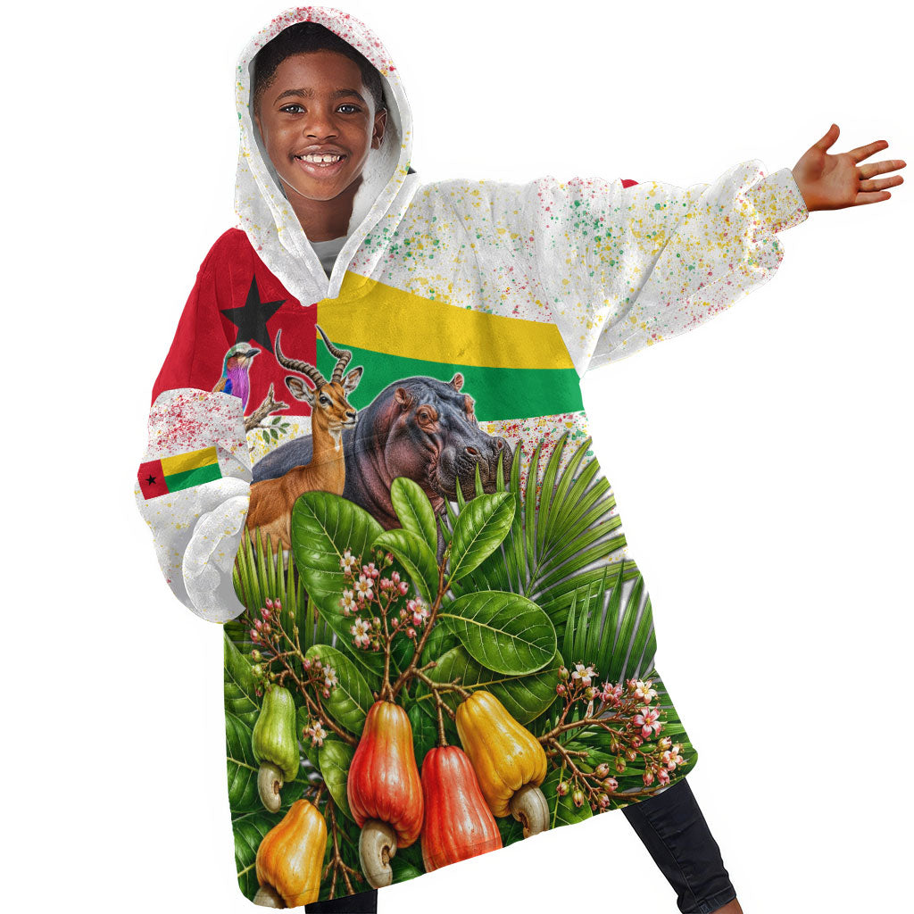 Guinea-Bissau Independence Day Kid Wearable Blanket Hoodie African Wildlife Cashew Harvest National Flag