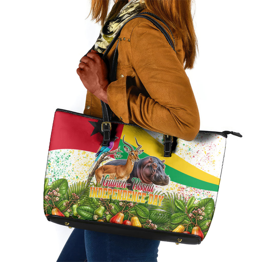 Guinea-Bissau Independence Day Leather Tote Bag African Wildlife Cashew Harvest National Flag