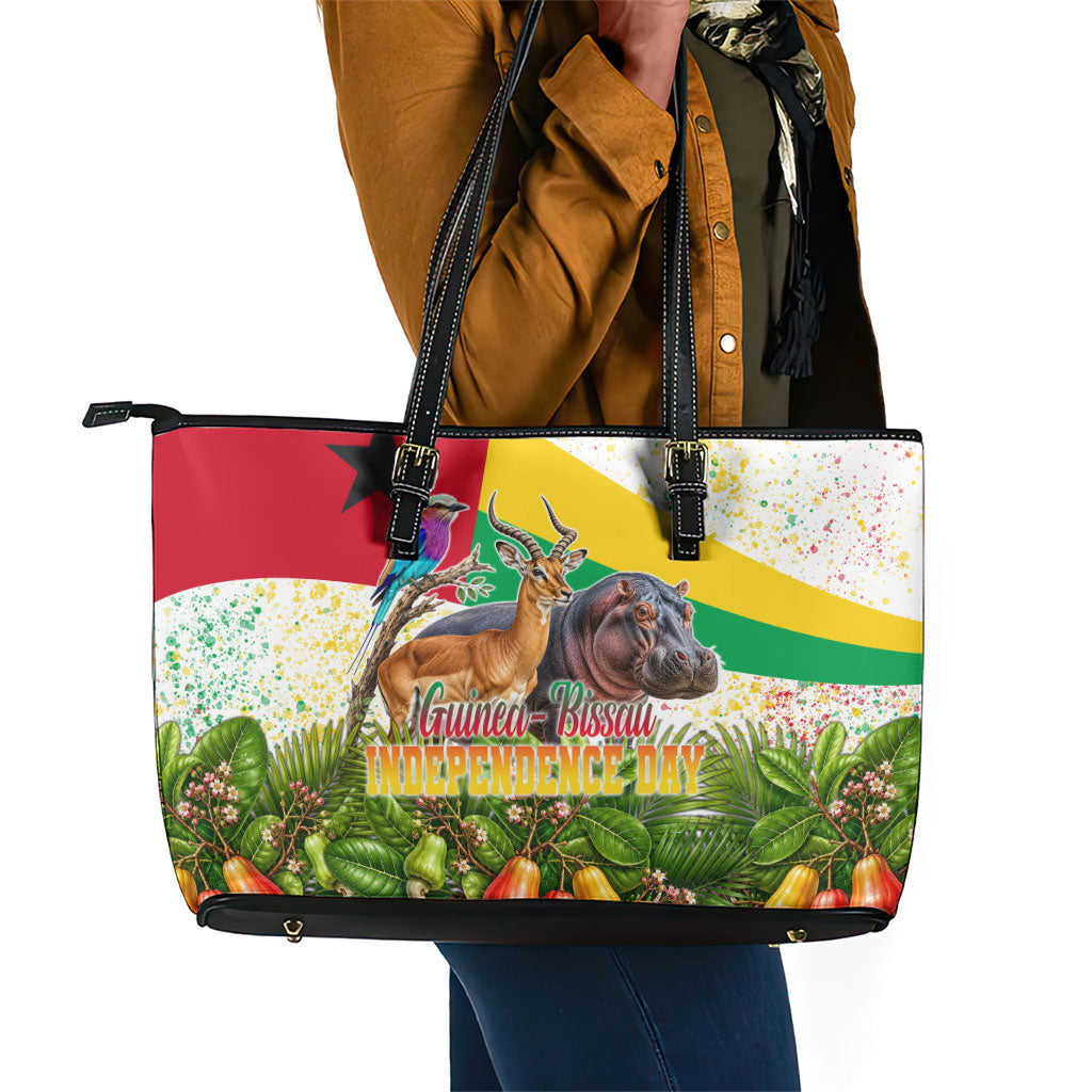 Guinea-Bissau Independence Day Leather Tote Bag African Wildlife Cashew Harvest National Flag