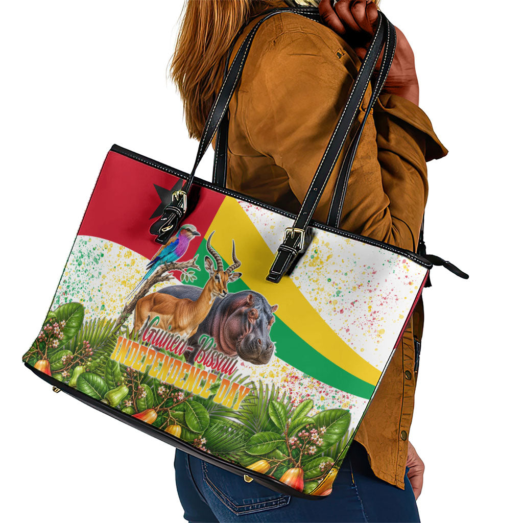 Guinea-Bissau Independence Day Leather Tote Bag African Wildlife Cashew Harvest National Flag