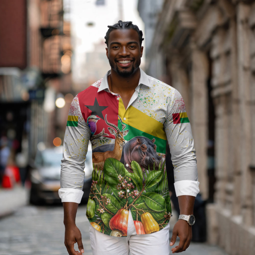Guinea-Bissau Independence Day Long Sleeve Button Shirt African Wildlife Cashew Harvest National Flag