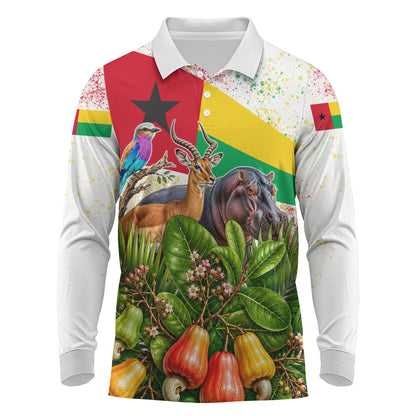 Guinea-Bissau Independence Day Long Sleeve Polo Shirt African Wildlife Cashew Harvest National Flag