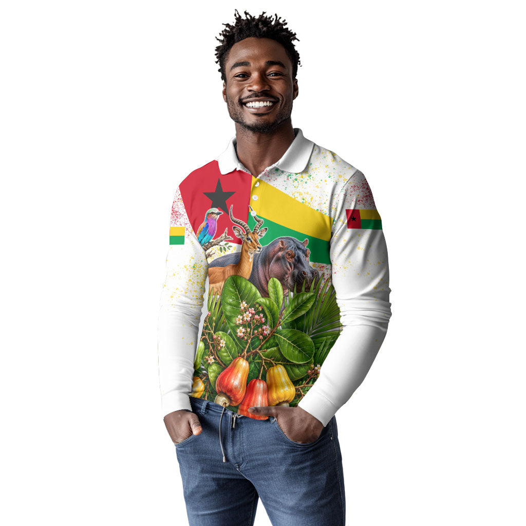 Guinea-Bissau Independence Day Long Sleeve Polo Shirt African Wildlife Cashew Harvest National Flag