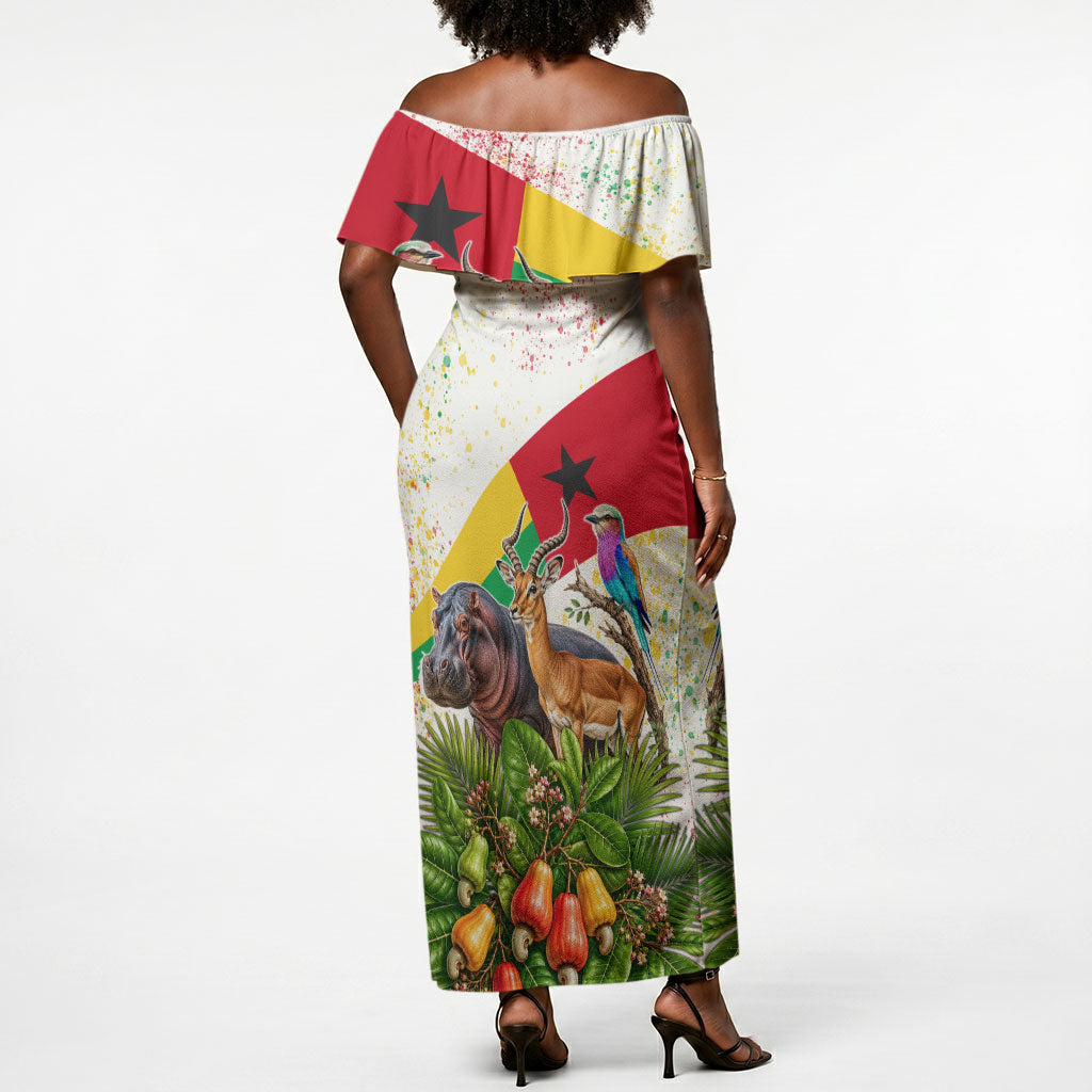 Guinea-Bissau Independence Day Off Shoulder Maxi Dress African Wildlife Cashew Harvest National Flag