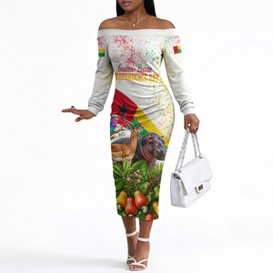 Guinea-Bissau Independence Day Off The Shoulder Long Sleeve Dress African Wildlife Cashew Harvest National Flag
