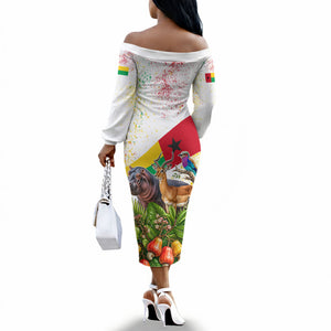 Guinea-Bissau Independence Day Off The Shoulder Long Sleeve Dress African Wildlife Cashew Harvest National Flag