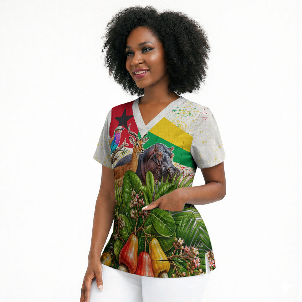 Guinea-Bissau Independence Day Scrub Top African Wildlife Cashew Harvest National Flag